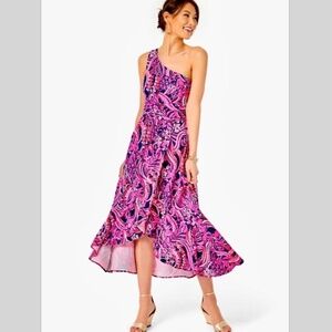 NWT Lilly Pulitzer Monico One Shoulder Flirty Fins & Feathers  Midi Dress